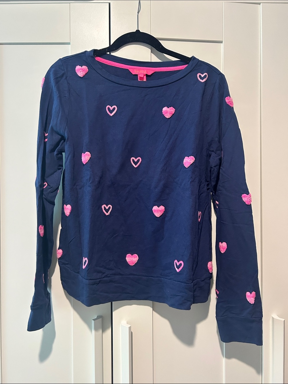 Lilly Pulitzer Navy Sweatshirt with Bright Pink Hearts
